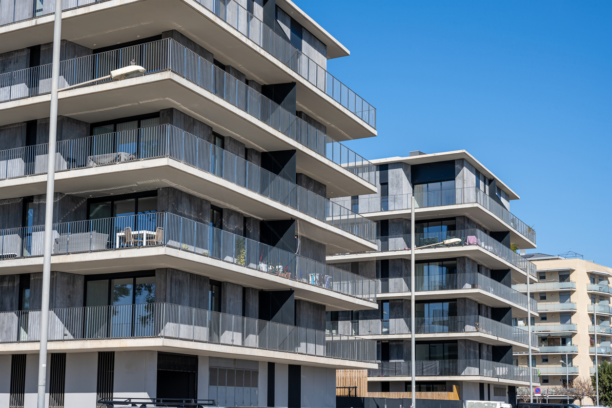 Modern multi-family apartment buildings seen in Barcelona, Spain