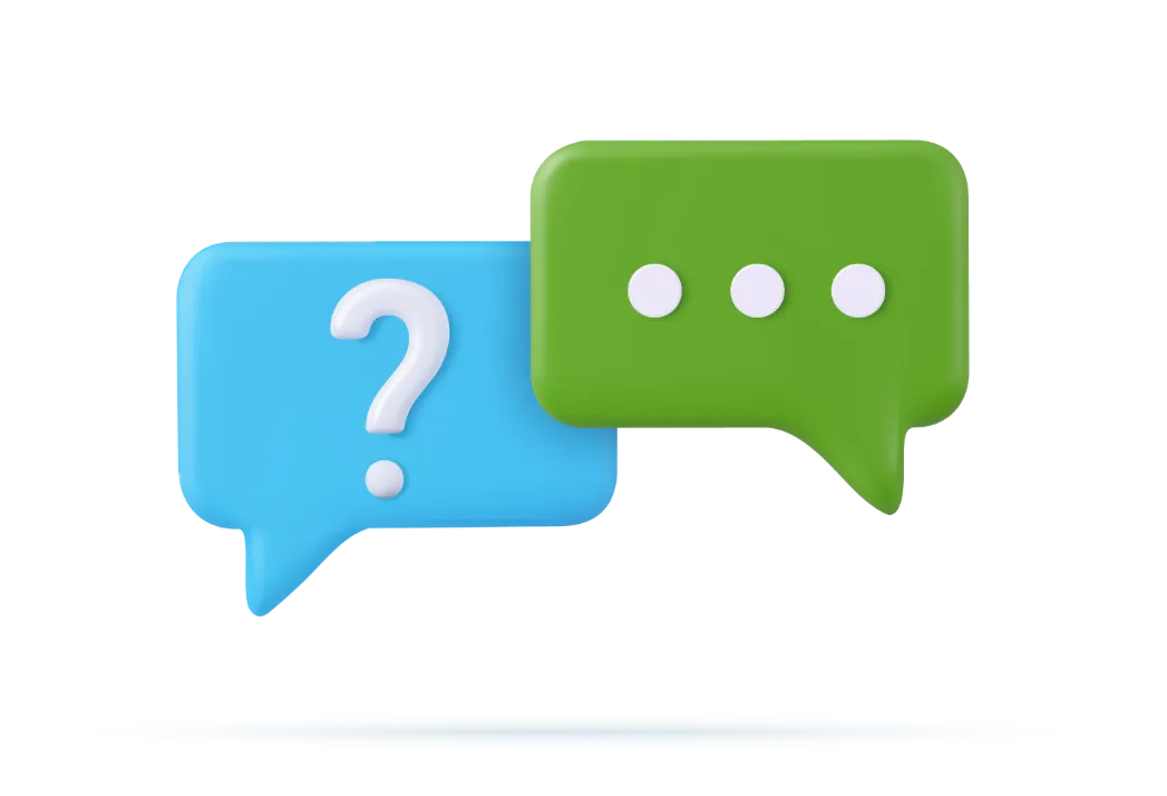 Two 3D speech bubbles are shown, one blue with a question mark symbol and one green with three dots, symbolizing a conversation or question-and-answer interaction. The playful design suggests a focus on communication and support. The contrasting colors make the symbols stand out, emphasizing clarity in dialogue or customer assistance.