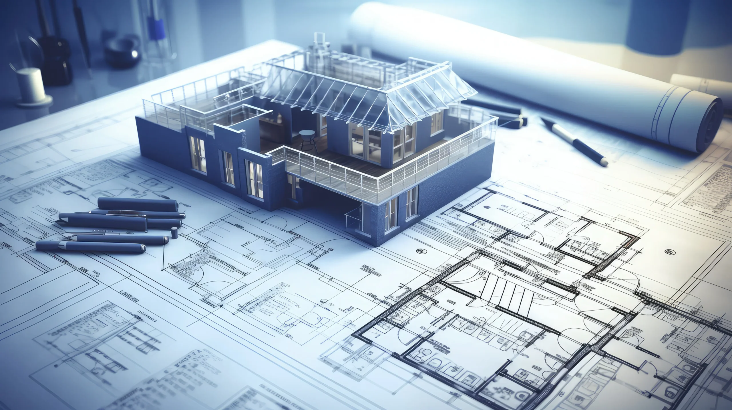 A detailed architectural model of a modern building is placed on top of a blueprint, surrounded by drafting pens and a rolled-up architectural plan. The model showcases features such as glass walls and a rooftop terrace, reflecting a focus on precision and innovative design. The cool-toned lighting accentuates the technical details of the blueprint, creating a professional and meticulous workspace atmosphere.