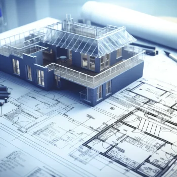 A detailed architectural model of a modern building is placed on top of a blueprint, surrounded by drafting pens and a rolled-up architectural plan. The model showcases features such as glass walls and a rooftop terrace, reflecting a focus on precision and innovative design. The cool-toned lighting accentuates the technical details of the blueprint, creating a professional and meticulous workspace atmosphere.